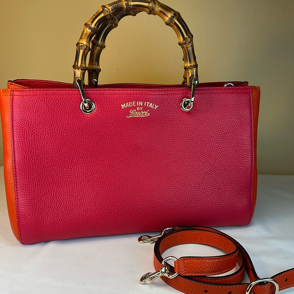 Gucci Bamboo Top-Handle Leather Satchel in Pink and Orange